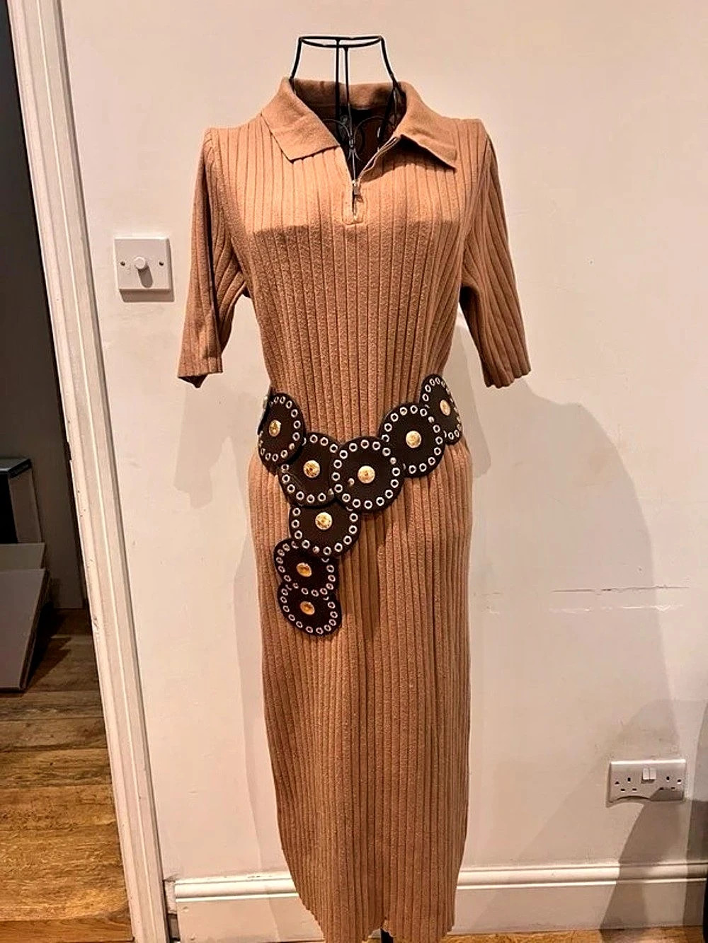 Ribbed Maxi Dress with Studded Belt in Brown